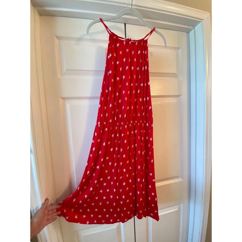 Red cotton halter dress with sailboat print